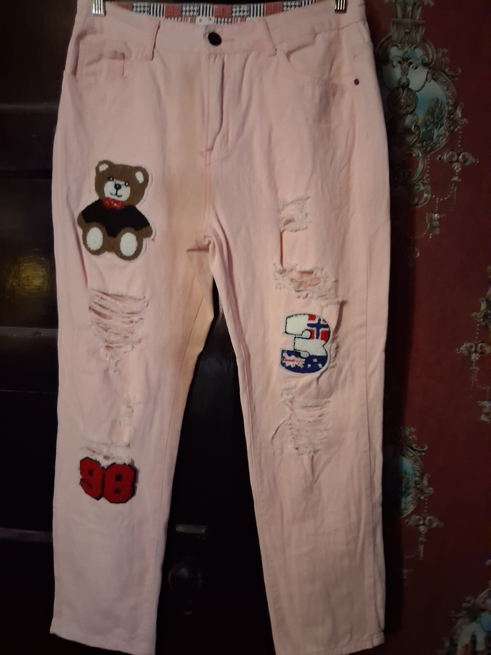 Mens' Pink Embroidered Patch Jeans - Cute Teddy & Number Accents